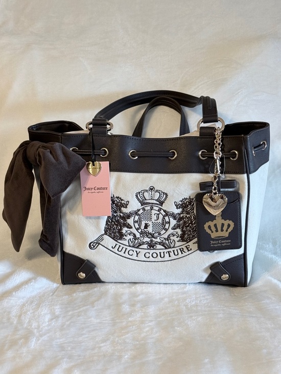 Juicy Couture Handbags - Juicy Couture Brown and Cream Logo Canvas Tote with Charm